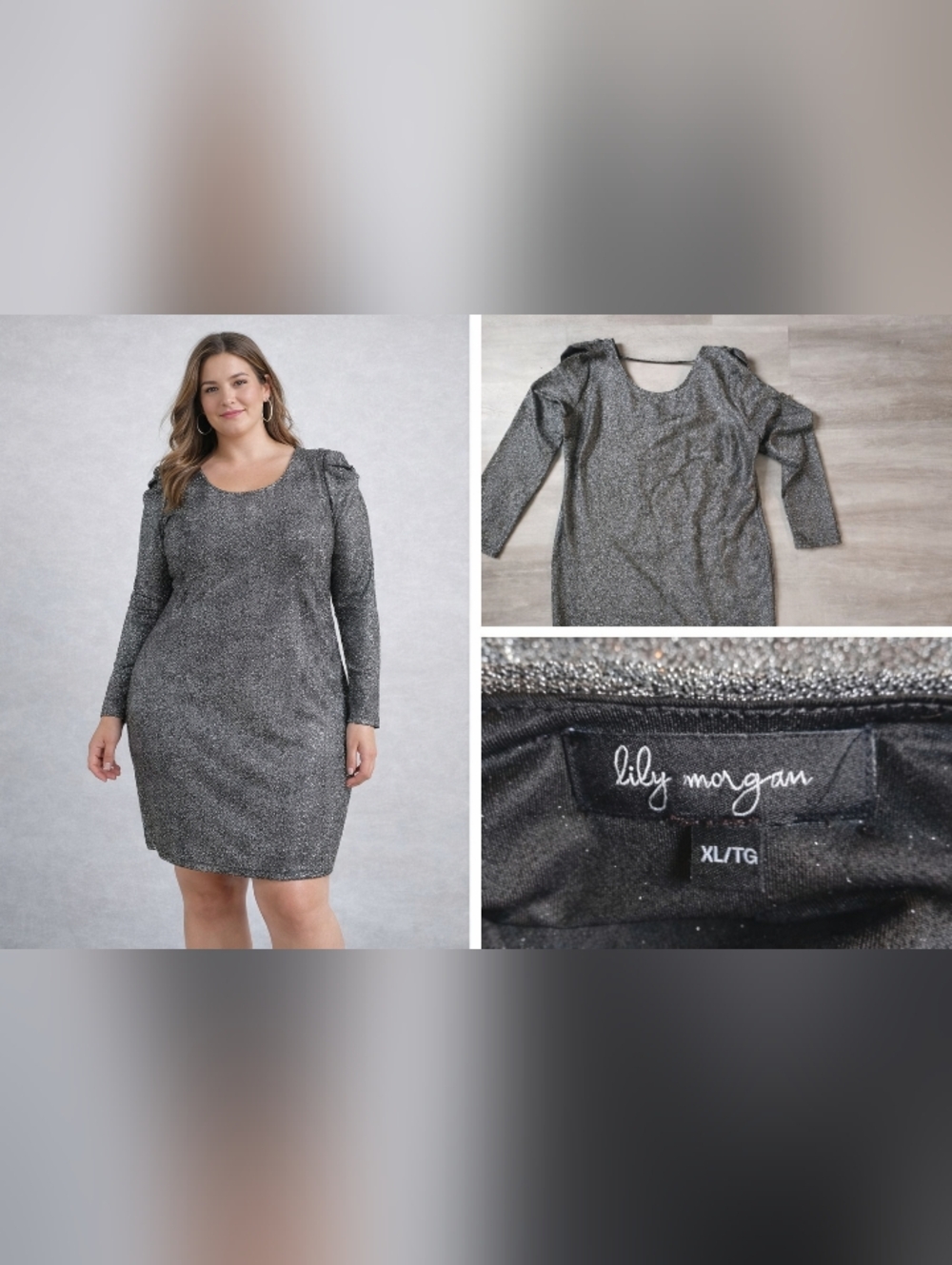 Lily Morgan Silver Metallic Long-Sleeve Glitter Dress